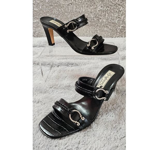 Brighton Raven Croco Leather Double Strap Pump Heels Sandals Women Size 8N Black - Picture 1 of 6